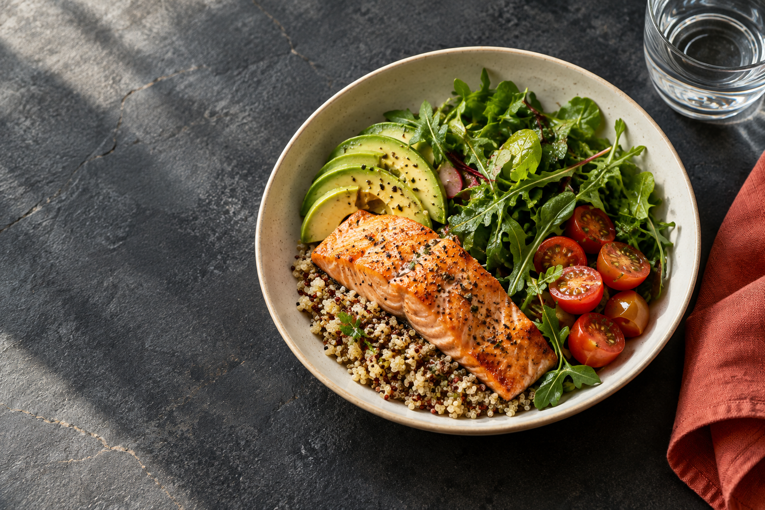 A balanced meal of salmon, grains, avocado and vegetables